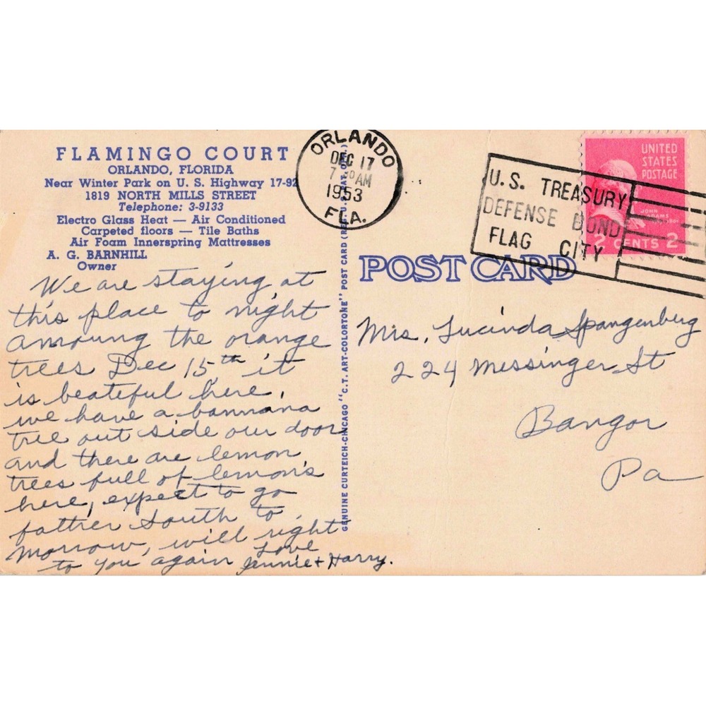 Flamingo Court Motel Orlando Florida FL Roadside Linen Postcard 1953 Posted - Picture 2 of 2